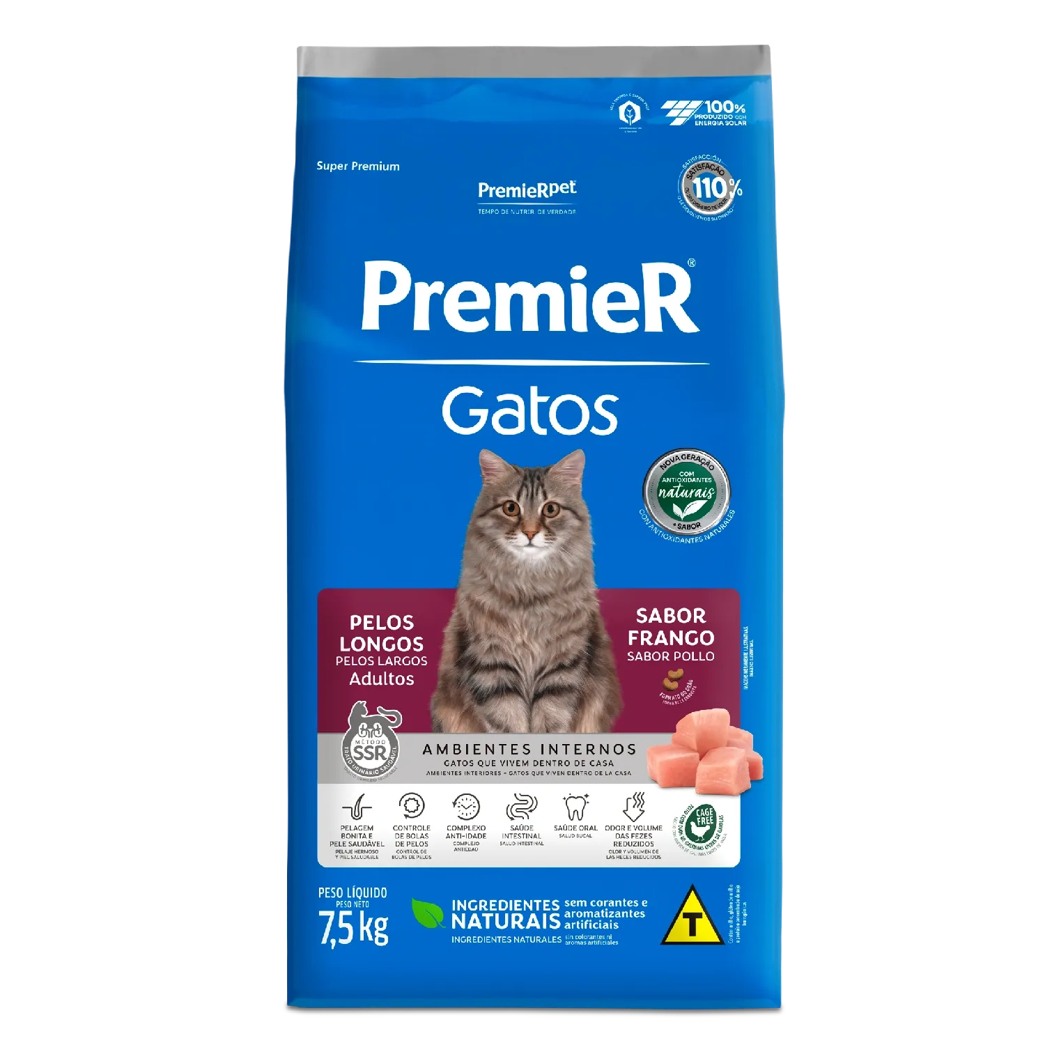 Ração Premier Ambientes Internos Gatos Adultos Pelos Longos Frango
